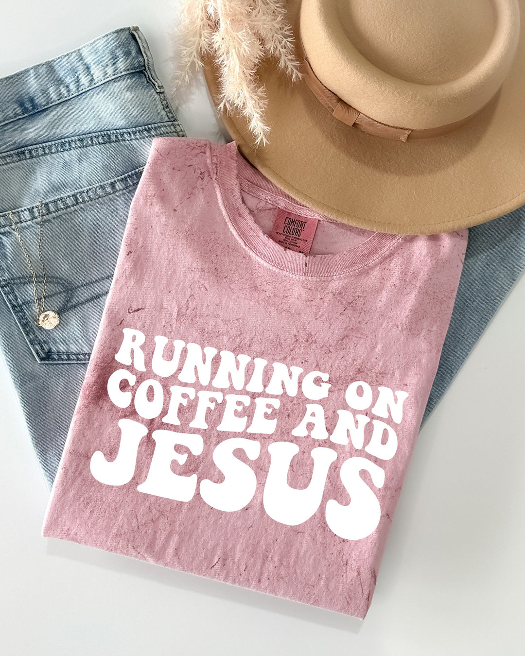 Running On Coffee and Jesus Comfort Colors T-Shirt, Christian Faith Gift