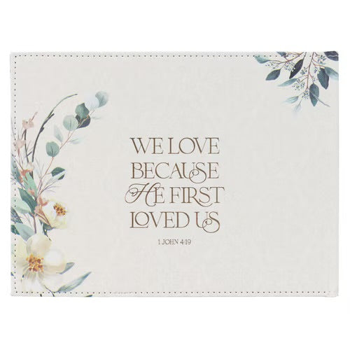 Mr. &amp; Mrs. Peachy-pink Floral Faux Leather Medium Wedding Guest Book - 1 John 4:19