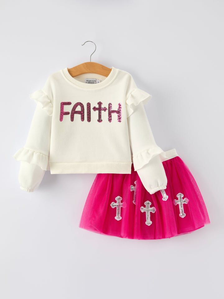 Girls Christian Outfit – Long Sleeve Faith Top &amp; Pink Cross Mesh Skirt