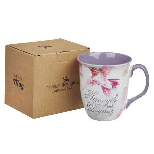 Strength and Dignity Hummingbird Purple Ceramic Coffee Mug - Proverbs 31:25