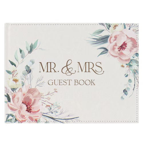 Mr. &amp; Mrs. Peachy-pink Floral Faux Leather Medium Wedding Guest Book - 1 John 4:19