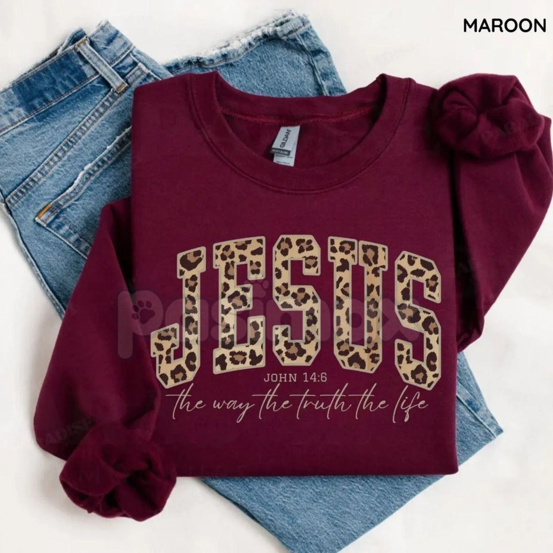 Christian Jesus Leopard Sweatshirt | Cheetah Print Faith Crewneck | Modern Bible Verse Shirt for Women