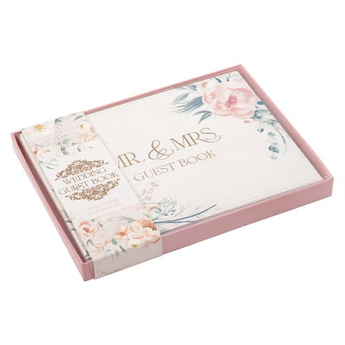 Mr. &amp; Mrs. Peachy-pink Floral Faux Leather Medium Wedding Guest Book - 1 John 4:19