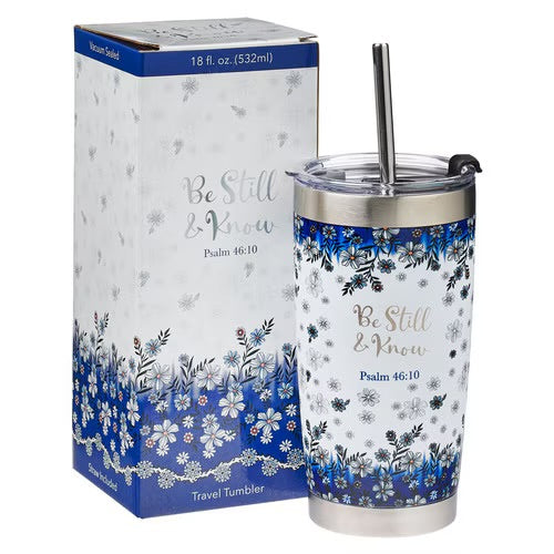 Be Still &amp; Know Blue Floral Stainless Steel Travel Mug with Reusable Stainless Steel Straw - Psalm 46:10