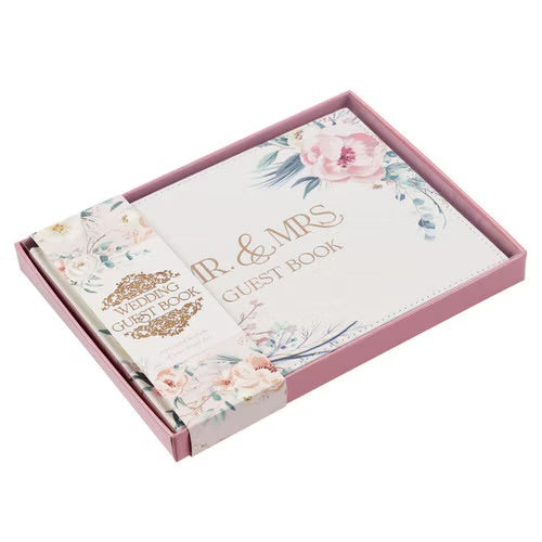 Mr. &amp; Mrs. Peachy-pink Floral Faux Leather Medium Wedding Guest Book - 1 John 4:19