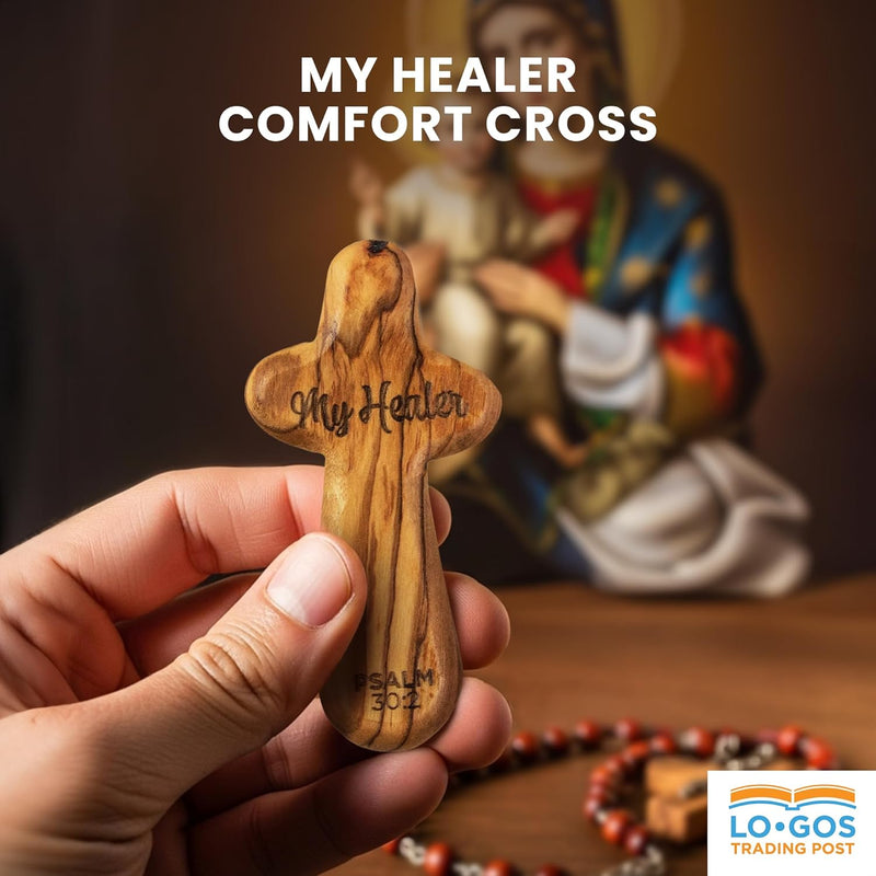 Laser Engraved Olive Wood Comfort Cross, My Healer, Psalm 30:2