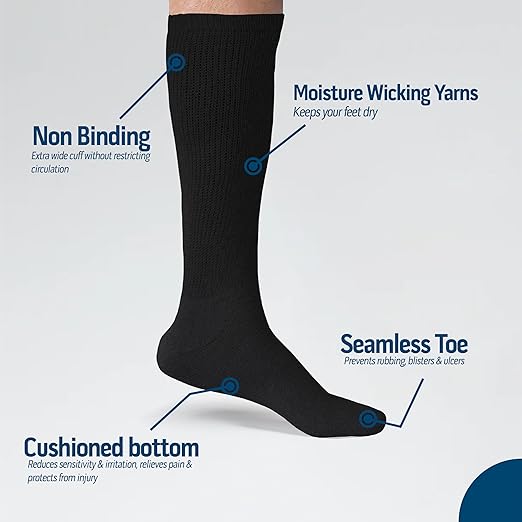 Over The Calf Diabetic Socks!  Sizes 10-13 - Black 2 Pack (Black)