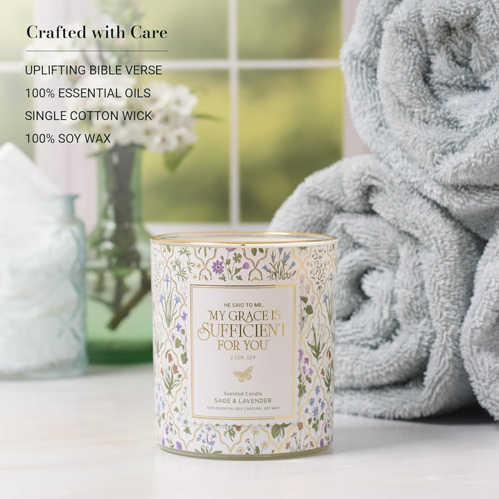 Sufficient Grace Sage and Lavender Scented Candle in a Glass Jar - 2 Corinthians 12:9