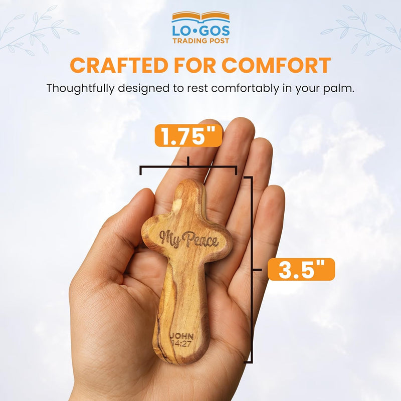 Laser Engraved Olive Wood Comfort Cross, My Peace, John 14:27