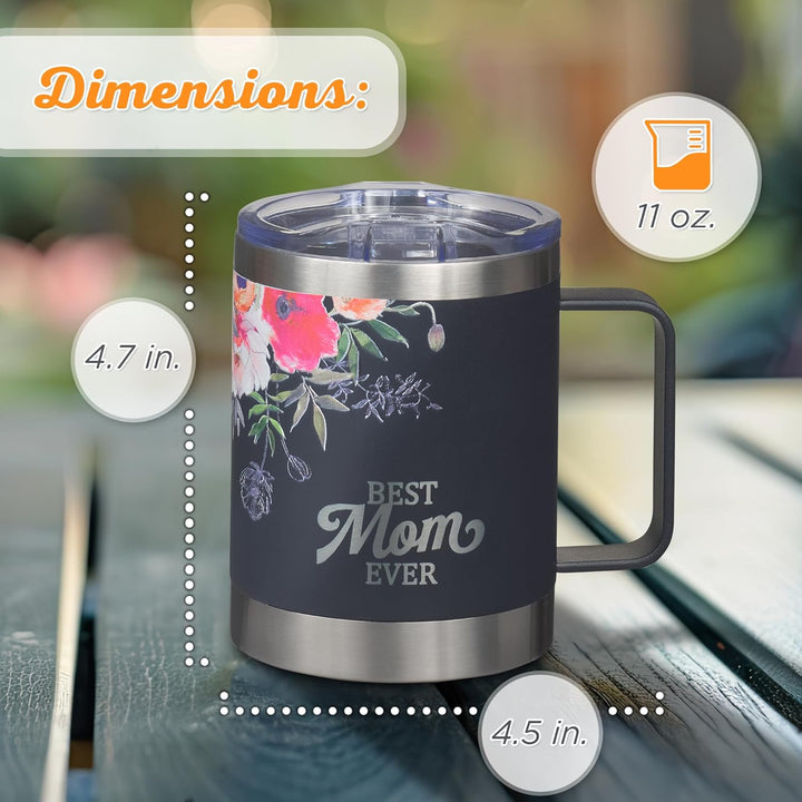 Stainless Steel Double Wall Vacuum Insulated Camp Style Travel Mug 11 oz Dark Navy Blue with Pink Floral Tumbler Mom - Best Mom Ever