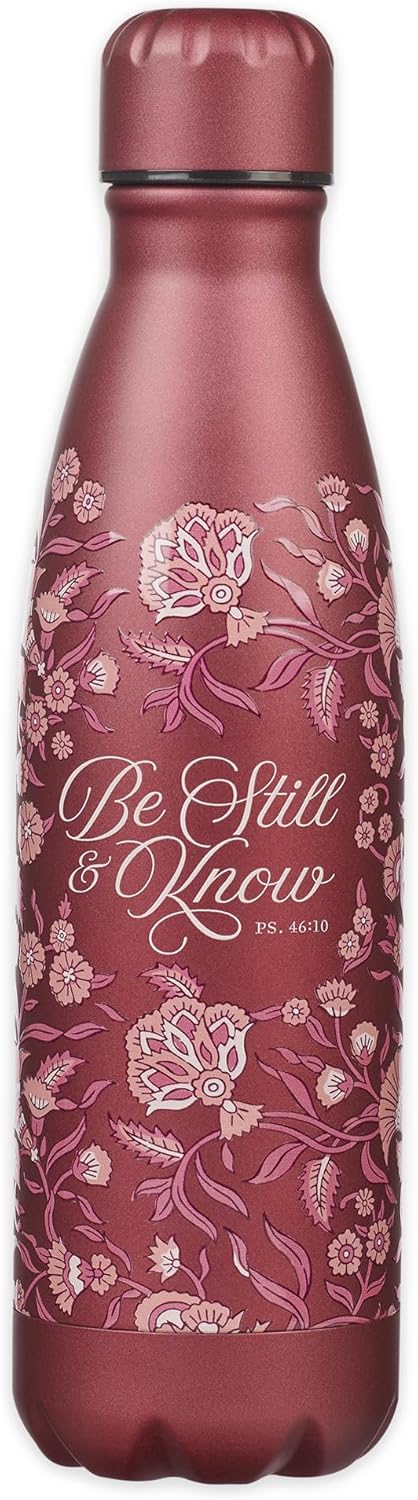 Be Still & Know Inspirational Scripture, All Day Hot/Cold, BPA-free, Leak/Spill-proof, Red Maroon Floral