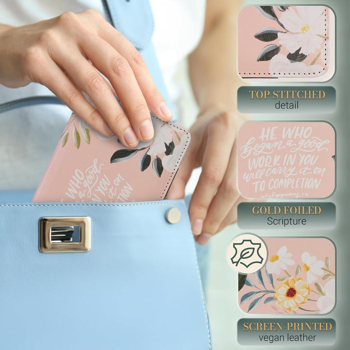 A Good Work Peach Floral Faux Leather Checkbook Wallet - Philippians 1:6