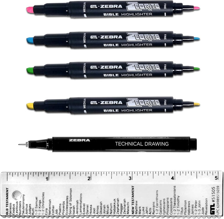 G.T. Luscombe Company, Inc. Zebrite Bible Marking Kit | No Bleed Pigmented Ink | No Fading or Smearing | Double Ended Highlighters, Note Pen &amp; Books of the Bible Ruler/Bookmark (Set of 5 + Ruler)