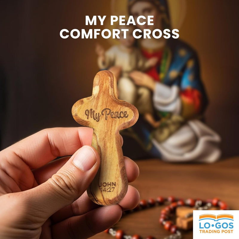 Laser Engraved Olive Wood Comfort Cross, My Peace, John 14:27