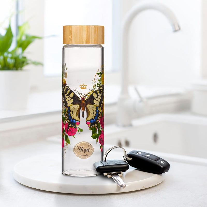 Hope Yellow Butterfly Glass Water Bottle - Isaiah 40:31