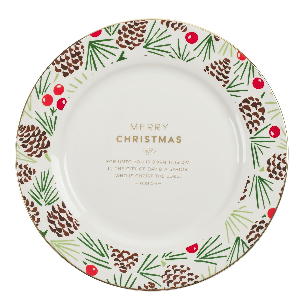 Christian Art Gifts Decorative 9" Ceramic Christmas Dinner Plate Set with Inspirational Advent Scripture: White/Red/Green Holly, Pine &amp; Giftwrap Theme Designs, Gold Accents, Sturdy Dinnerware, 4 Pack