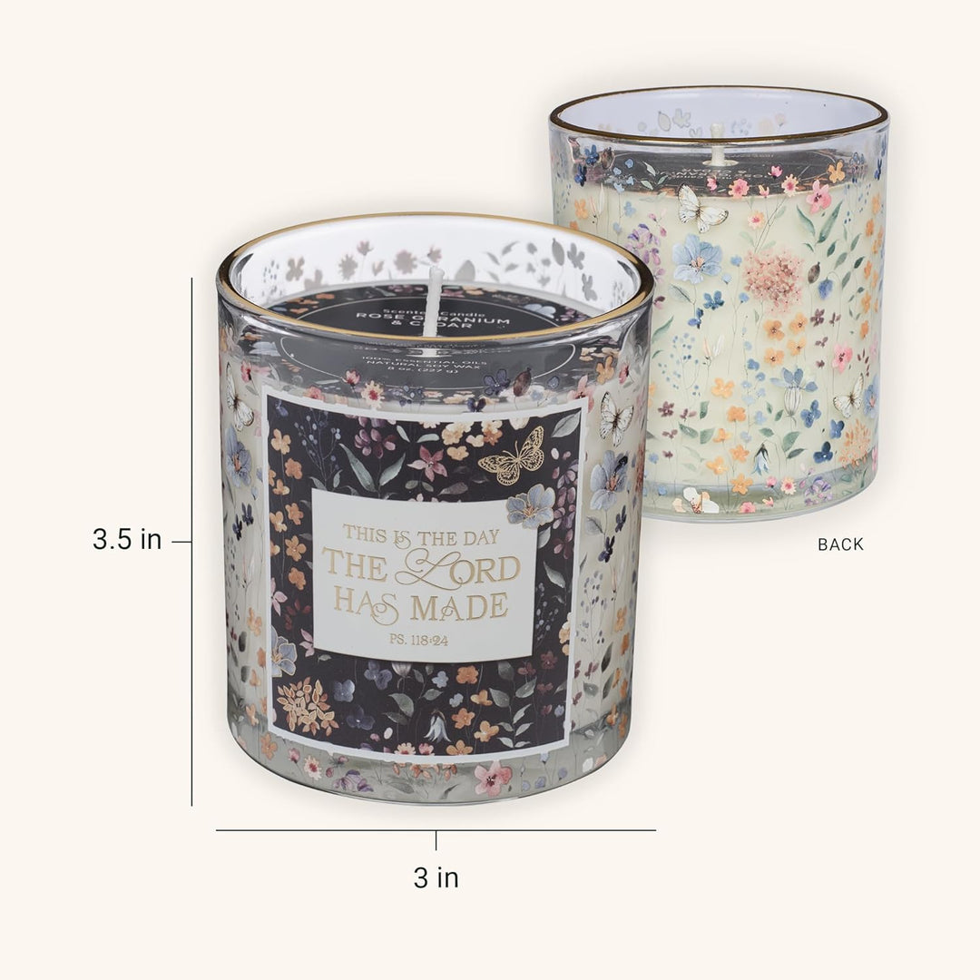 This Is the Day Rose Geranium and Cedar Scented Candle in a Glass Jar - Psalm.