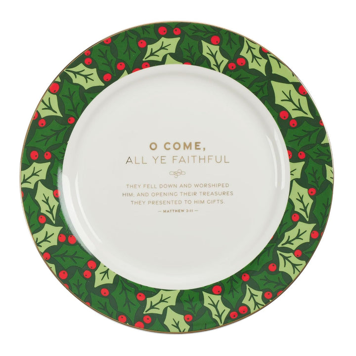 Christian Art Gifts Decorative 9" Ceramic Christmas Dinner Plate Set with Inspirational Advent Scripture: White/Red/Green Holly, Pine &amp; Giftwrap Theme Designs, Gold Accents, Sturdy Dinnerware, 4 Pack