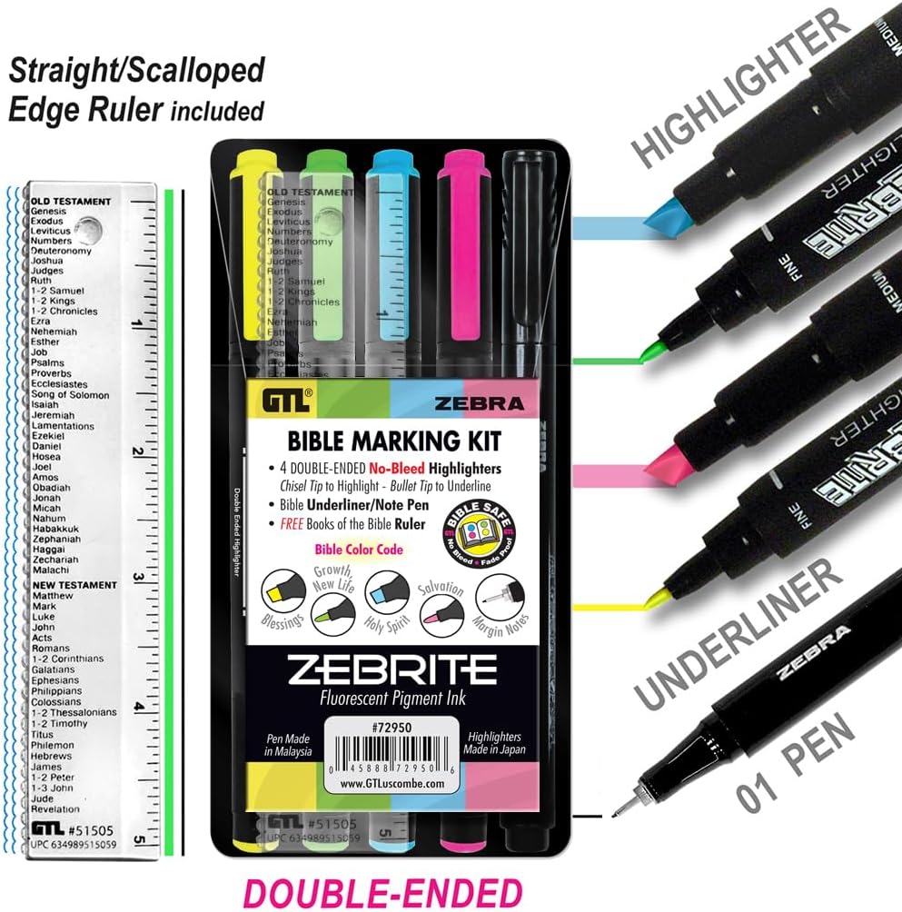 G.T. Luscombe Company, Inc. Zebrite Bible Marking Kit | No Bleed Pigmented Ink | No Fading or Smearing | Double Ended Highlighters, Note Pen &amp; Books of the Bible Ruler/Bookmark (Set of 5 + Ruler)