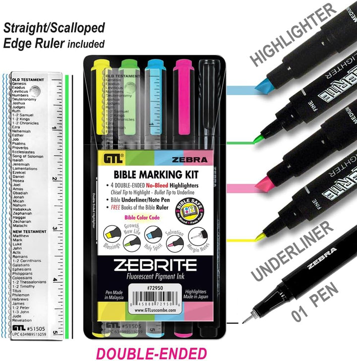 G.T. Luscombe Company, Inc. Zebrite Bible Marking Kit | No Bleed Pigmented Ink | No Fading or Smearing | Double Ended Highlighters, Note Pen &amp; Books of the Bible Ruler/Bookmark (Set of 5 + Ruler)
