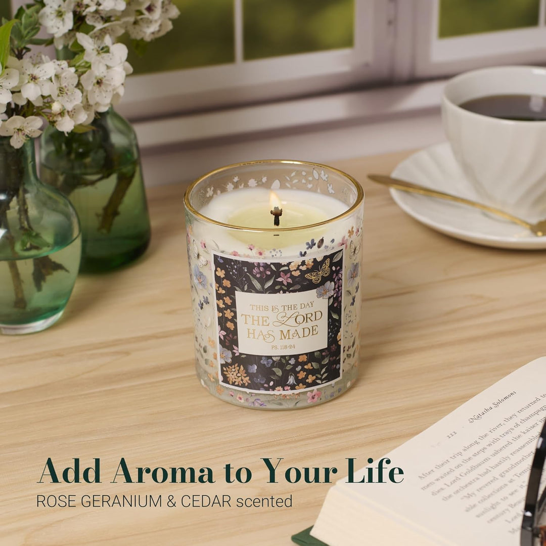 This Is the Day Rose Geranium and Cedar Scented Candle in a Glass Jar - Psalm.