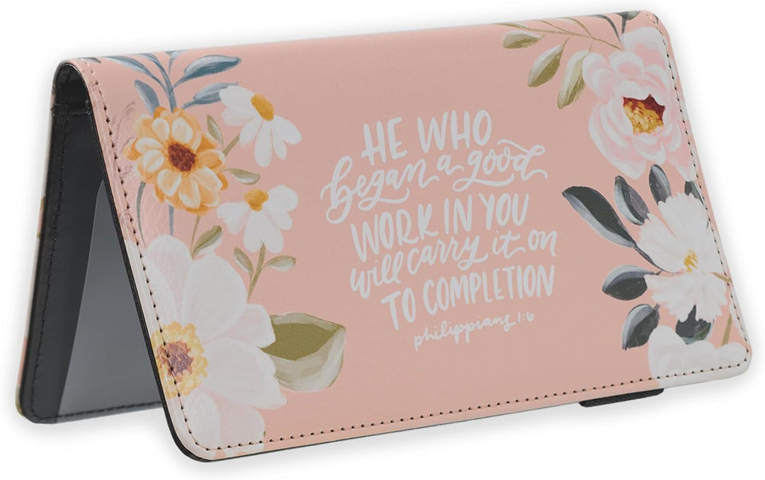 A Good Work Peach Floral Faux Leather Checkbook Wallet - Philippians 1:6