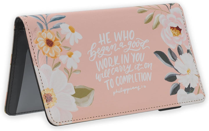 A Good Work Peach Floral Faux Leather Checkbook Wallet - Philippians 1:6