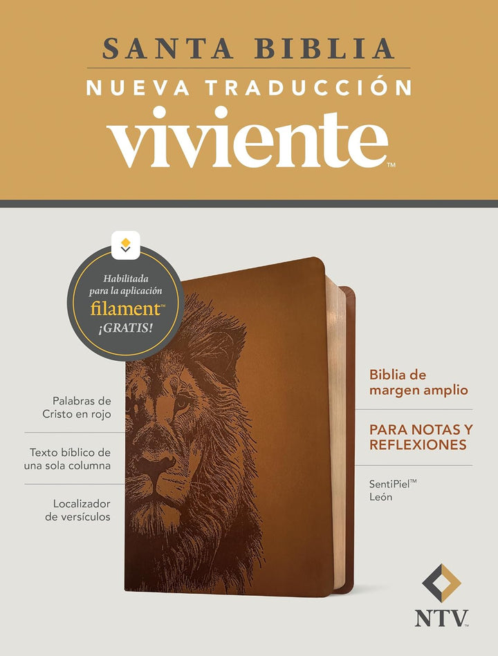 Biblia de Margen Amplio NTV Con Filament Sentipiel, León, Índice, Letra Roja