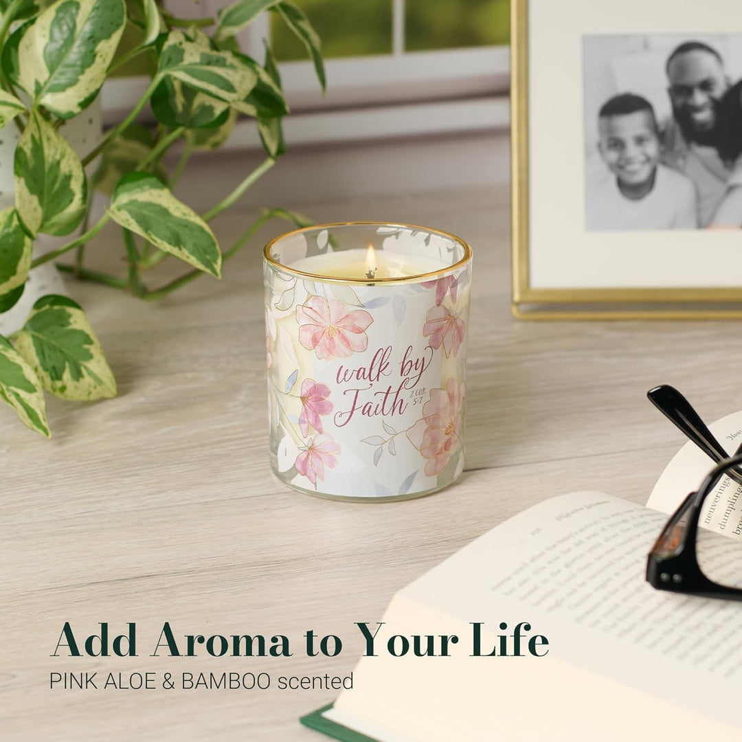 Walk by Faith Pink Aloe Bamboo Scented Candle in A Glass Jar - 2 Corinthians 5:7