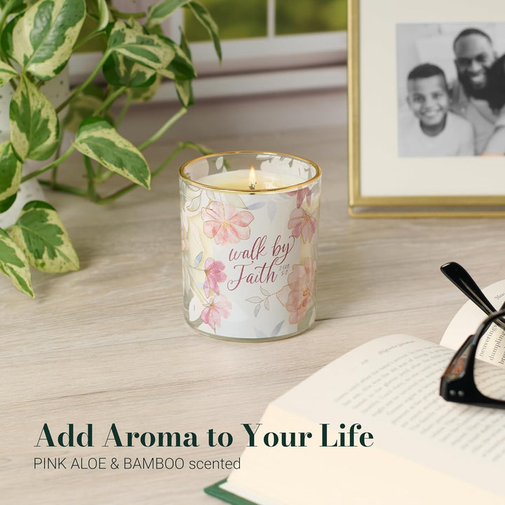 Walk by Faith Pink Aloe Bamboo Scented Candle in A Glass Jar - 2 Corinthians 5:7