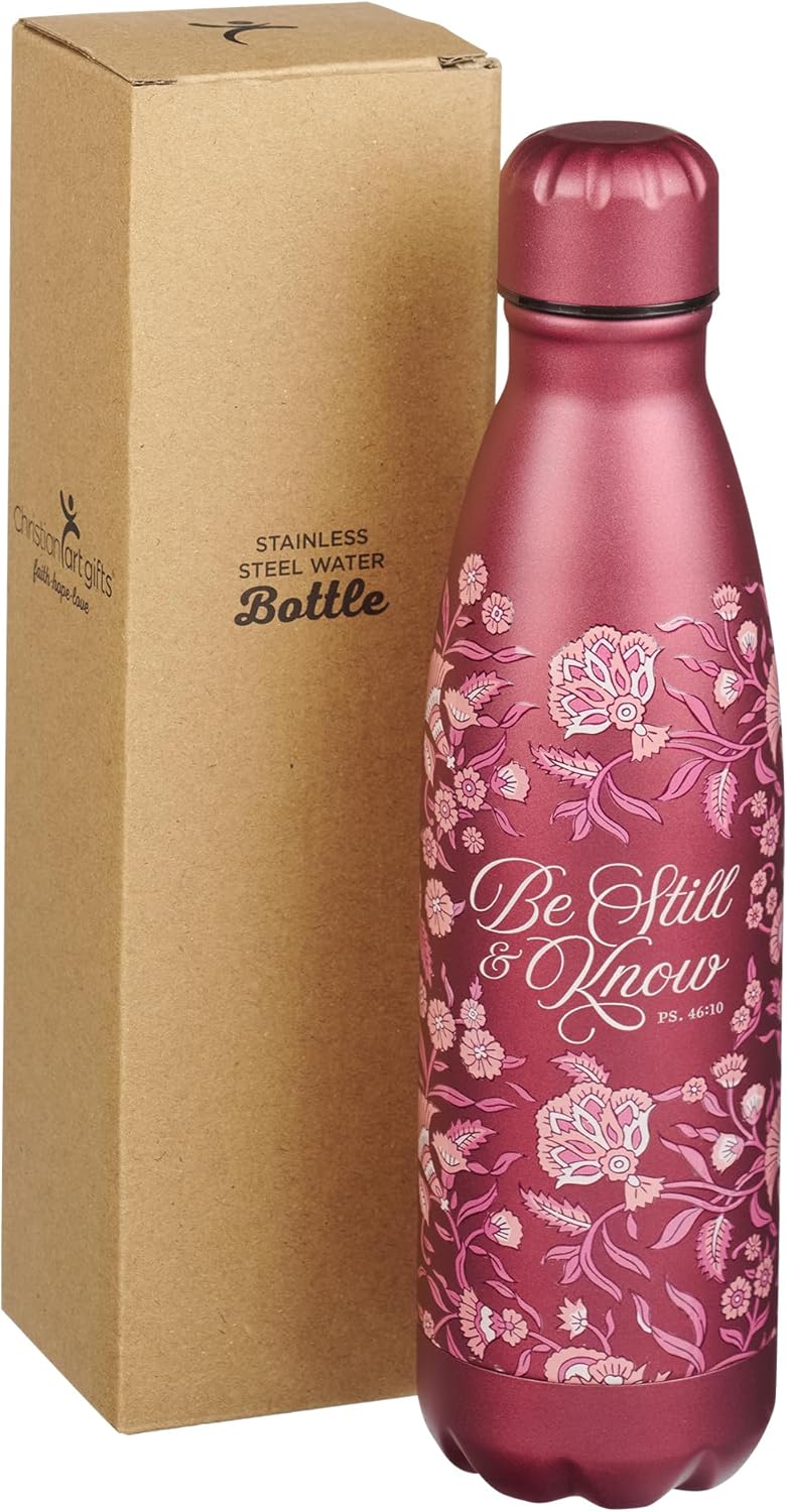 Be Still & Know Inspirational Scripture, All Day Hot/Cold, BPA-free, Leak/Spill-proof, Red Maroon Floral