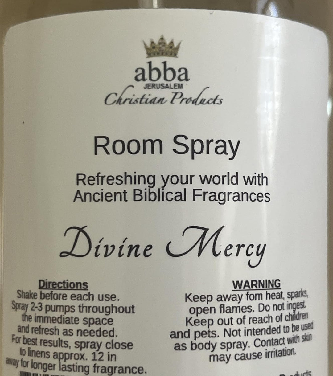 Divine Mercy Room Spray 9oz Bottle (Sweet Olive/Orange Citrus/Biblical Herbs &amp; Spices) - ABBA Oil - ABBA Jerusalem
