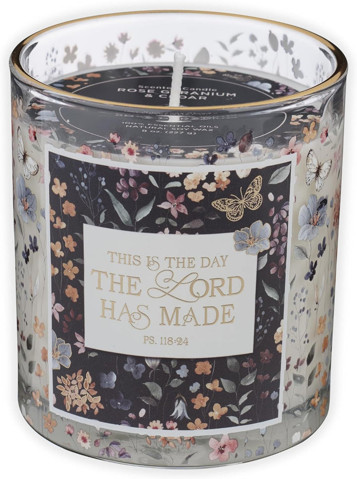 This Is the Day Rose Geranium and Cedar Scented Candle in a Glass Jar - Psalm.