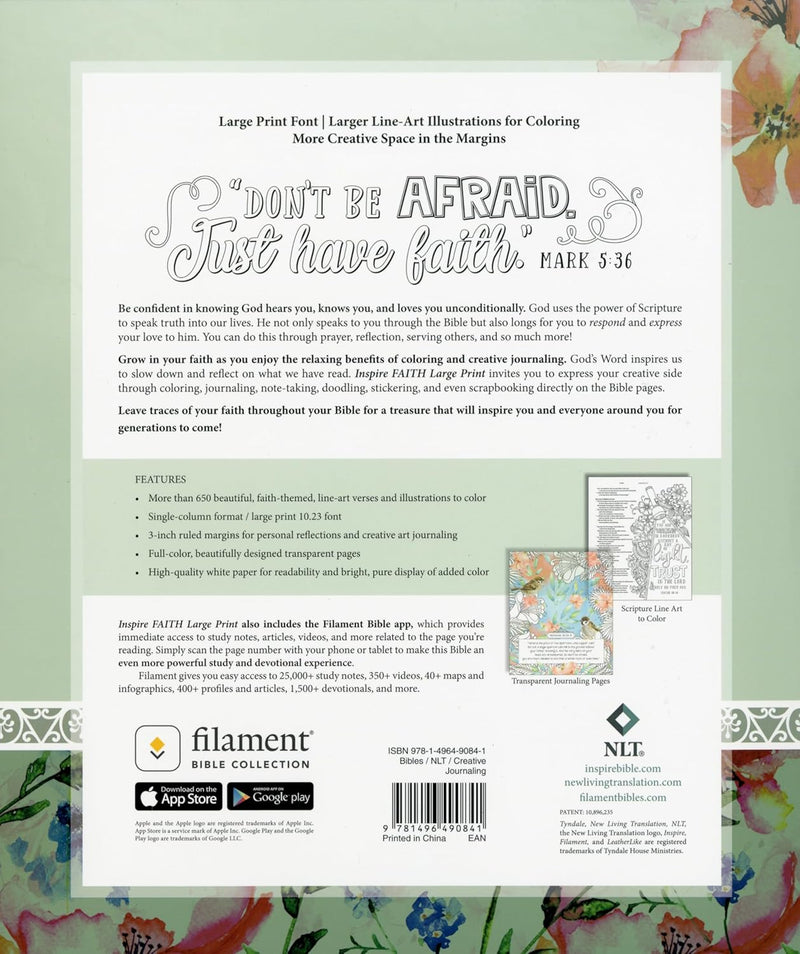 Inspire FAITH Bible Large Print NLT, Filament Enabled The Bible for Coloring & Creative Journaling