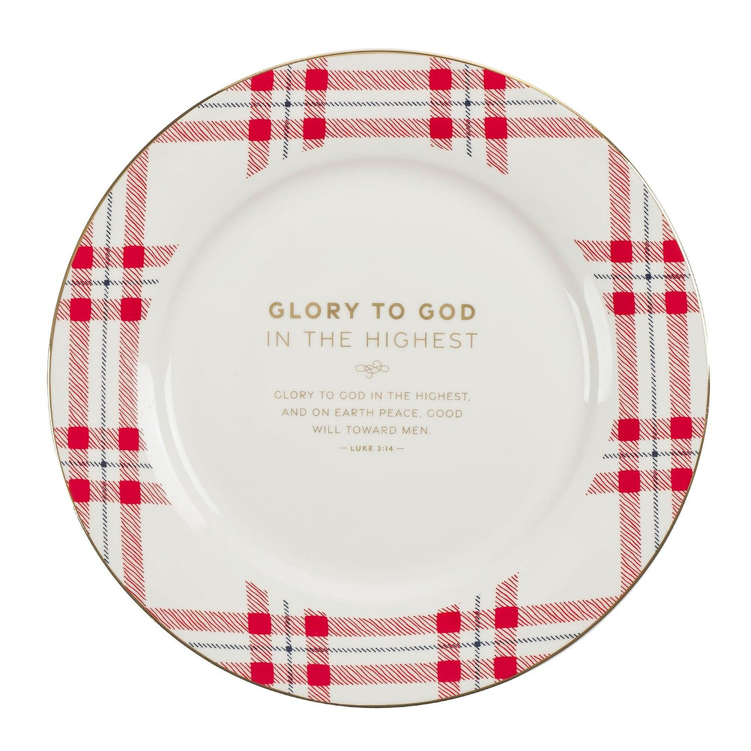 Christian Art Gifts Decorative 9" Ceramic Christmas Dinner Plate Set with Inspirational Advent Scripture: White/Red/Green Holly, Pine &amp; Giftwrap Theme Designs, Gold Accents, Sturdy Dinnerware, 4 Pack