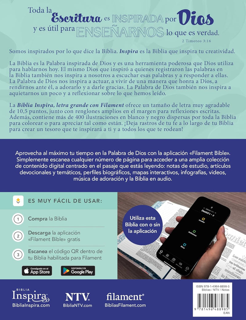 Biblia Inspira NTV, letra grande con Filament (SentiPiel, Ramo azul) (Spanish Edition)