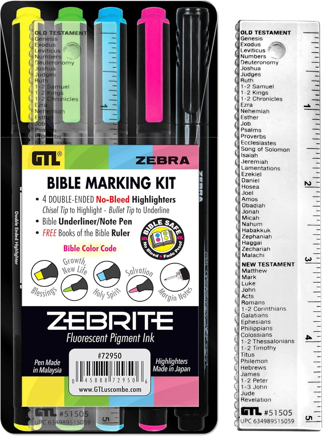 G.T. Luscombe Company, Inc. Zebrite Bible Marking Kit | No Bleed Pigmented Ink | No Fading or Smearing | Double Ended Highlighters, Note Pen &amp; Books of the Bible Ruler/Bookmark (Set of 5 + Ruler)