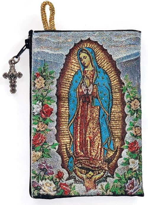 Rosary Pouch - Our Lady of Guadalupe, Virgin Mary icon and Flowers with Cross