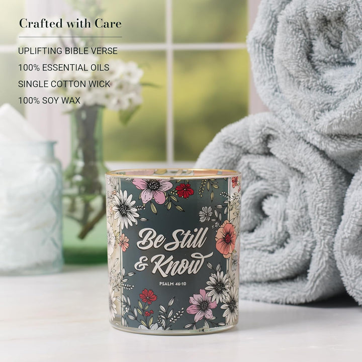 Be Still Teal Botanical Calming Breeze Scented Candle in a Glass Jar - Psalm 46:10