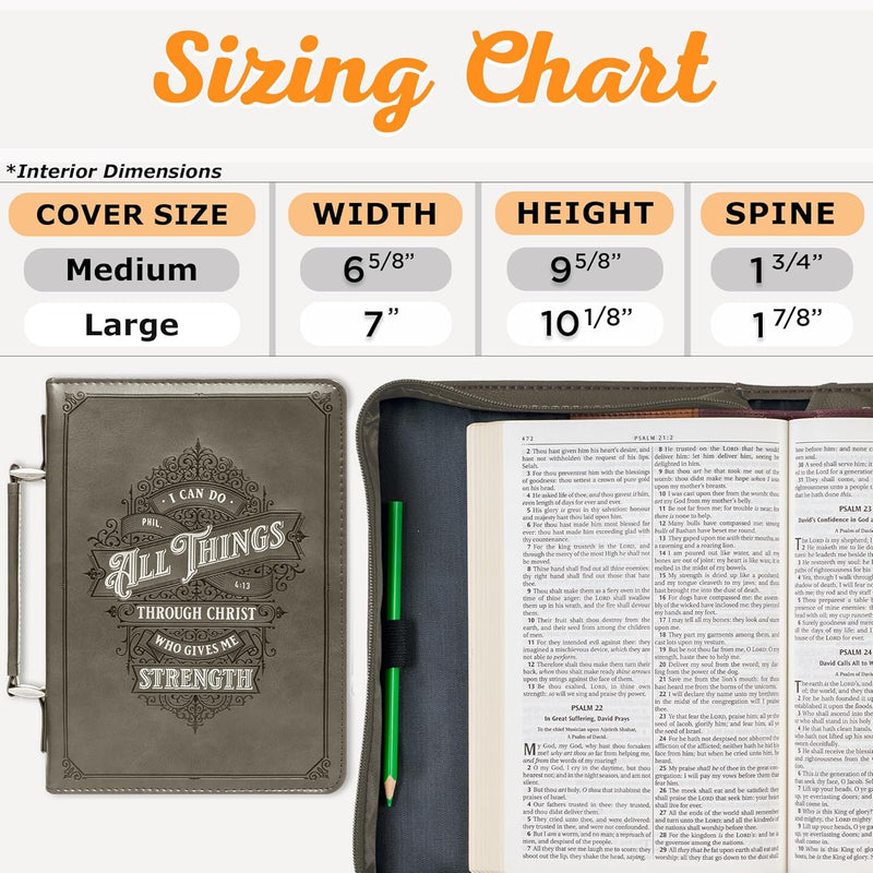 Bible Cover - All Things Through Christ - Philippians 4:13 Bible Verse with Zipper and Pocket, M