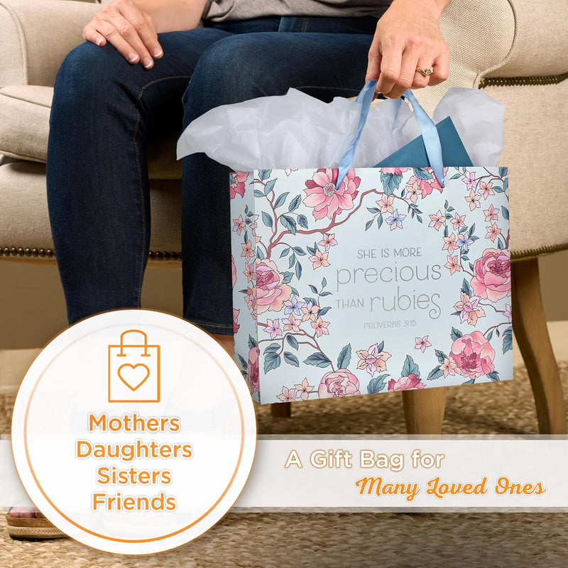 More Precious Than Rubies Pink Floral Large Landscape Bag with Card - Proverbs 5:13