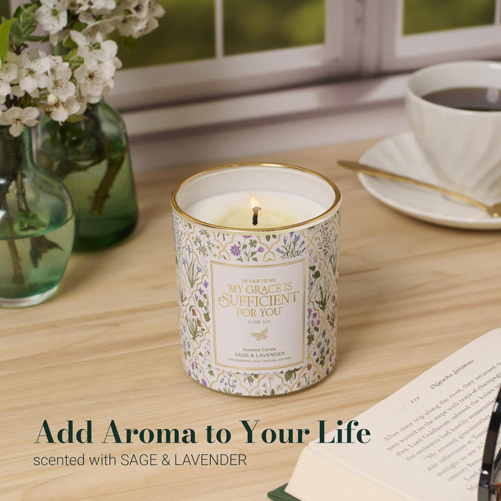 Sufficient Grace Sage and Lavender Scented Candle in a Glass Jar - 2 Corinthians 12:9