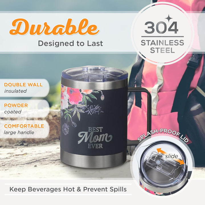 Stainless Steel Double Wall Vacuum Insulated Camp Style Travel Mug 11 oz Dark Navy Blue with Pink Floral Tumbler Mom - Best Mom Ever
