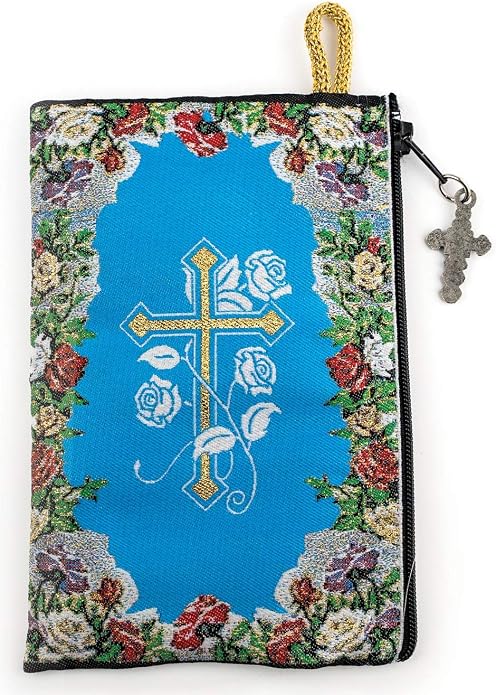 Rosary Pouch - Our Lady of Guadalupe, Virgin Mary icon and Flowers with Cross