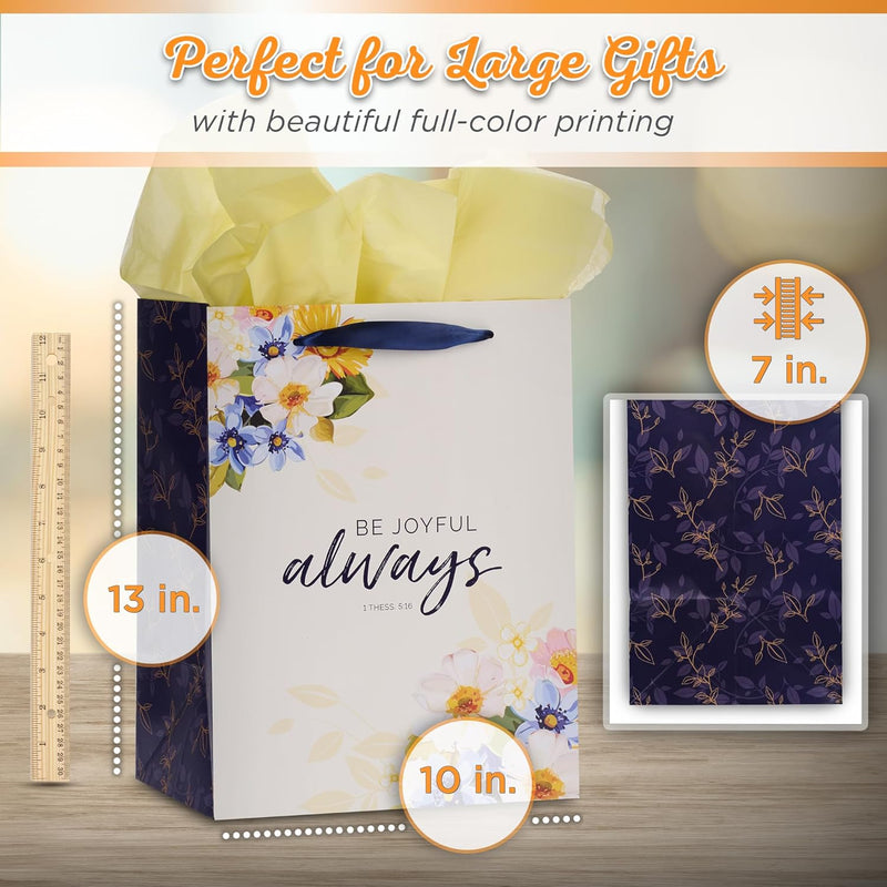 Be Joyful Always Yellow and Navy Blue Floral Portrait Gift Bag with Card Set