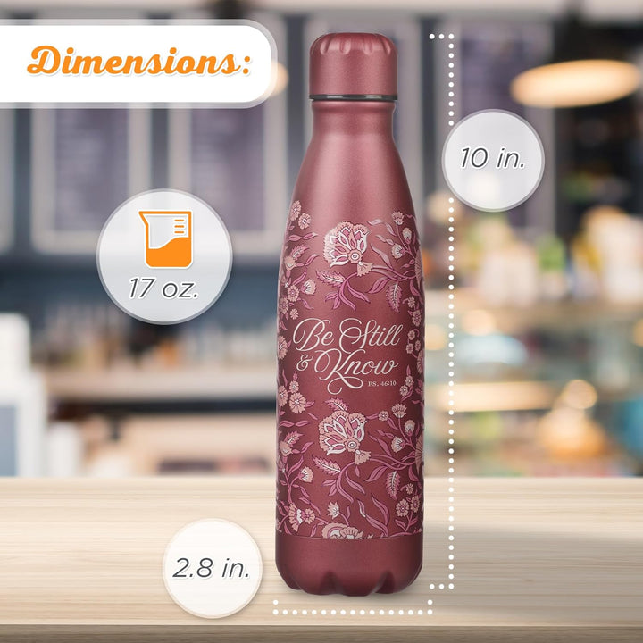 Be Still &amp; Know Inspirational Scripture, All Day Hot/Cold, BPA-free, Leak/Spill-proof, Red Maroon Floral