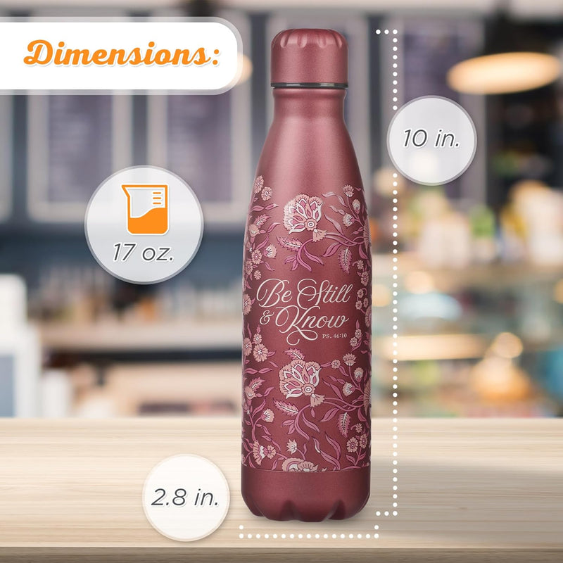 Be Still & Know Inspirational Scripture, All Day Hot/Cold, BPA-free, Leak/Spill-proof, Red Maroon Floral