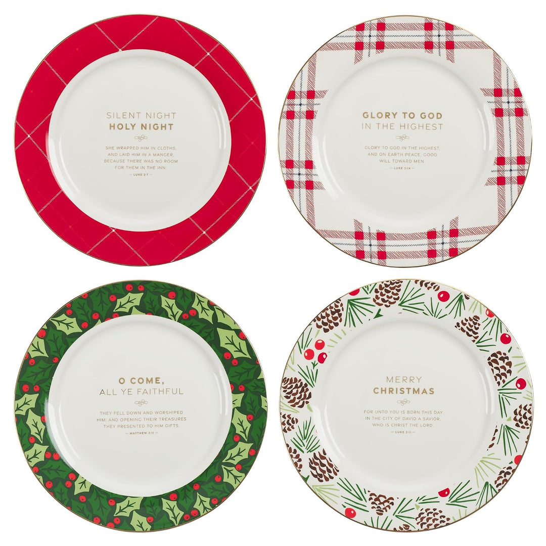 Christian Art Gifts Decorative 9" Ceramic Christmas Dinner Plate Set with Inspirational Advent Scripture: White/Red/Green Holly, Pine &amp; Giftwrap Theme Designs, Gold Accents, Sturdy Dinnerware, 4 Pack
