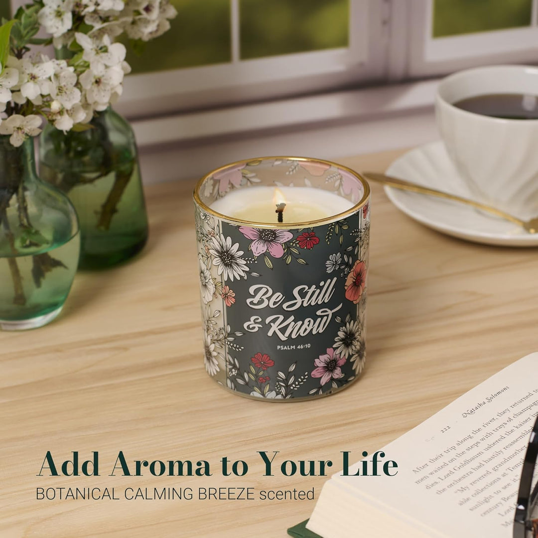 Be Still Teal Botanical Calming Breeze Scented Candle in a Glass Jar - Psalm 46:10