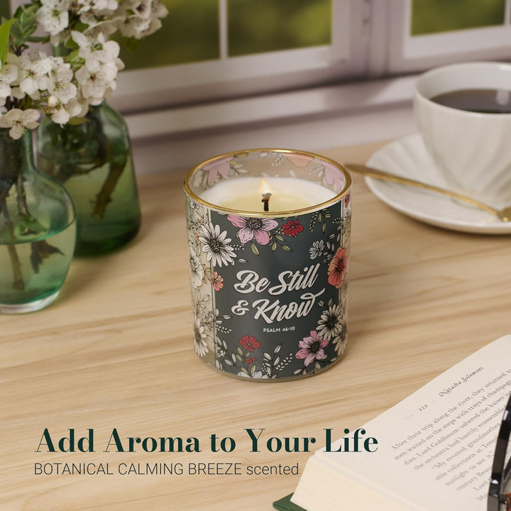 Be Still Teal Botanical Calming Breeze Scented Candle in a Glass Jar - Psalm 46:10